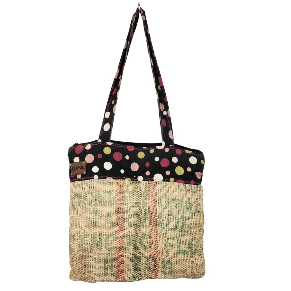 WeBe Burlap Upcycled Tote Lined With Pink/Brown Striped Cotton Zipper Closure